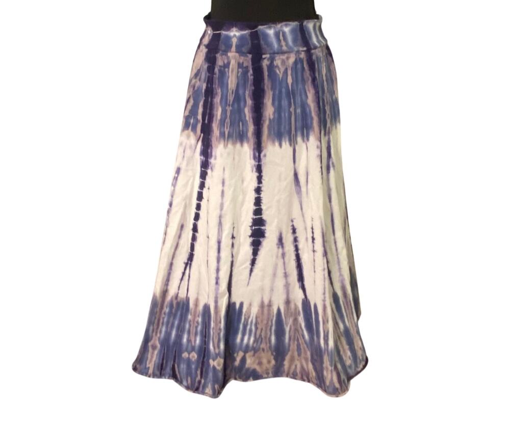 Tryst Blue Purple Tie Dye Midi Skirt Cotton Stretch Waist Large Boho Festival